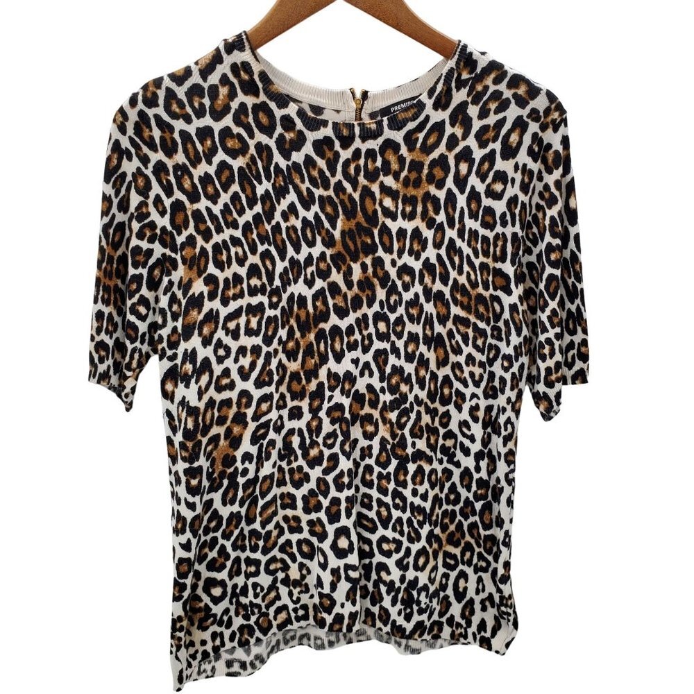 Premise Womens Boho Cheetah Print Short Sleeve Top Sz L Brown‎ Black Crew Neck